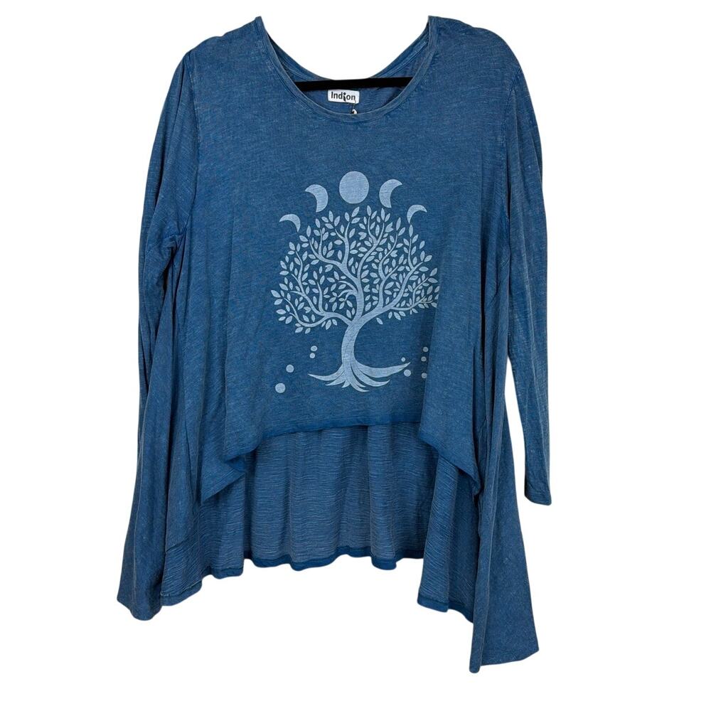 NWT Indjon Blue With Off White Tree Print High Low Hem Tunic Top M L